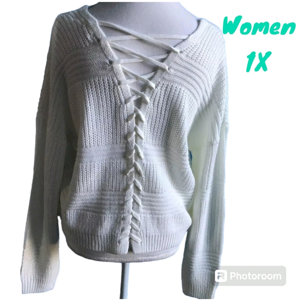 Full Circle Trends Lace Up Back Cable Knit Sweater Pull Over Cream Women XL